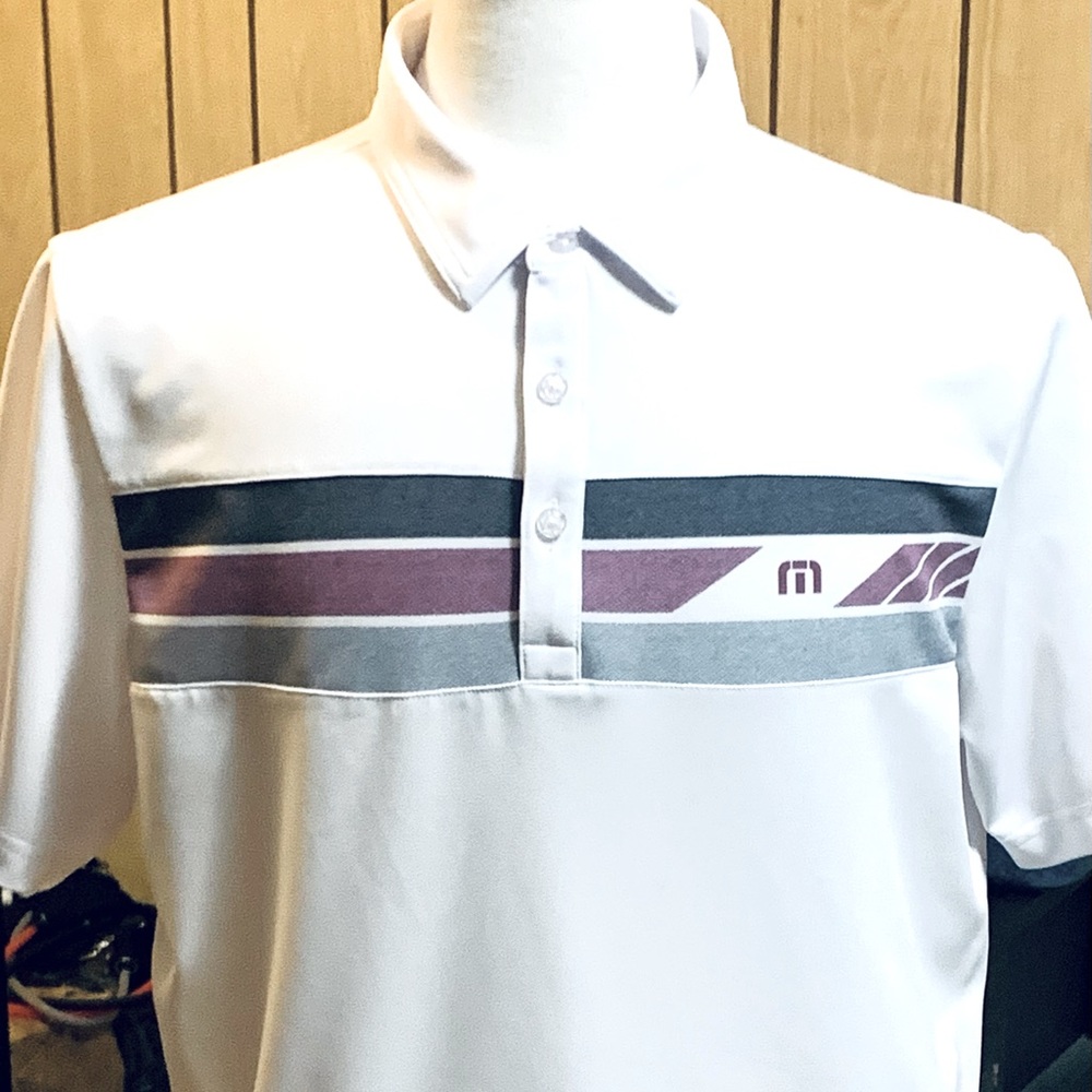 SOLD!!!!!TravisMathew Topsail Golf Polo Shirt White With Chest Stripes Large